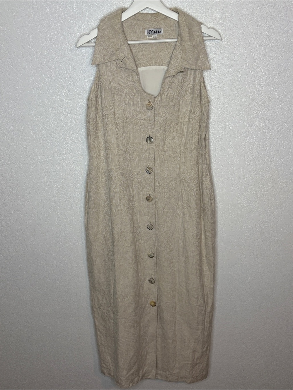 Vintage NY Sake Tan Botanical Print Cotton Linen Button Down Midi Dress Size 14